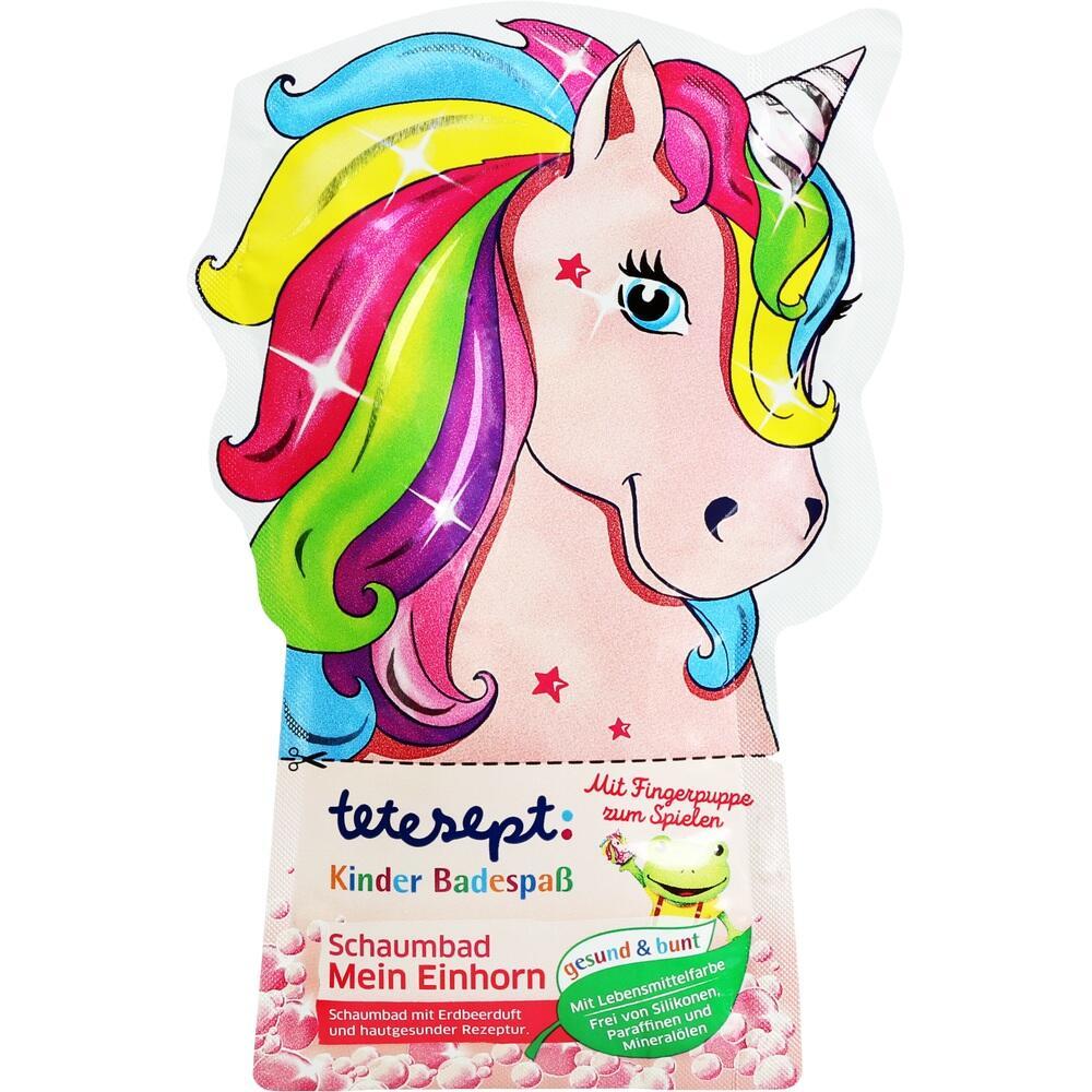 Bunte Einhorn-Verpackung für ein Schaumbad mit Erdbeerduft für Kinder.