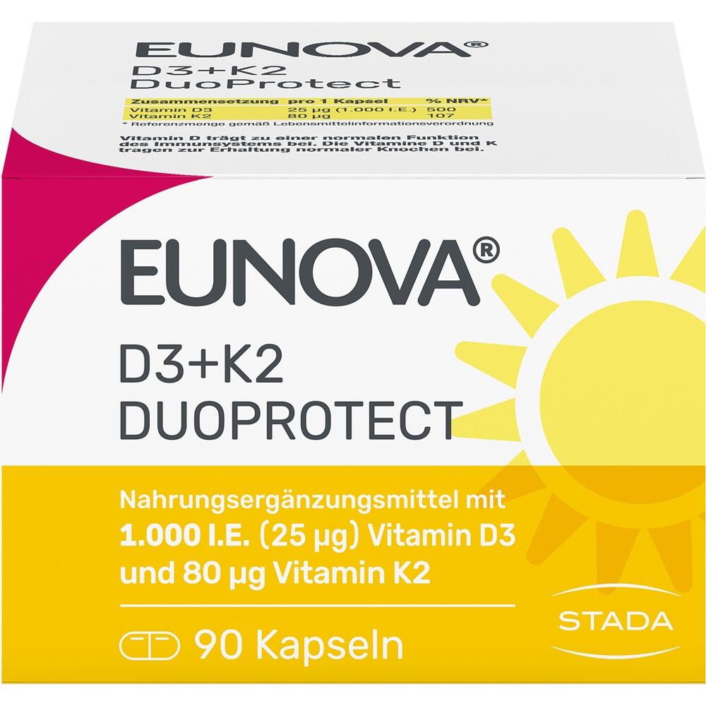 Verpackung von EUNOVA Vitamin D3 und K2 Nahrungsergänzungsmittel mit 90 Kapseln.