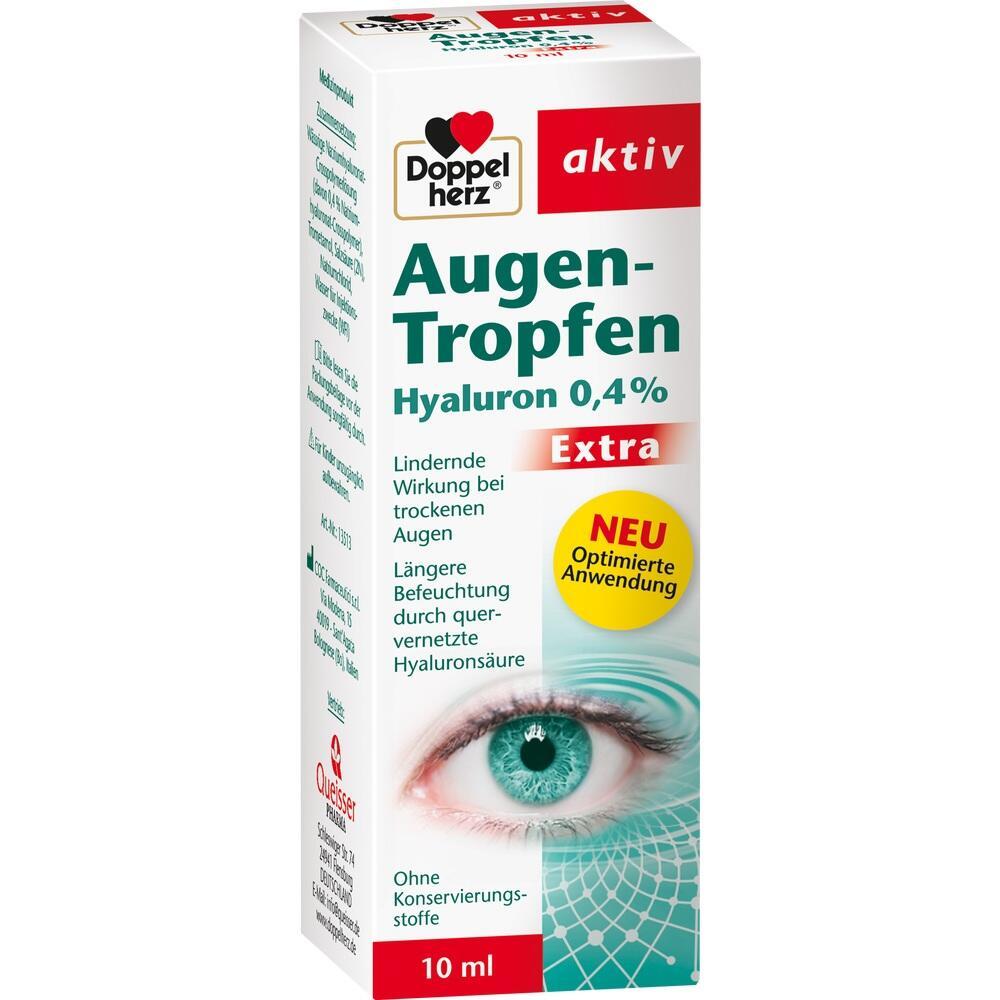 Eine Packung Augentropfen mit Hyaluron zur Linderung trockener Augen.