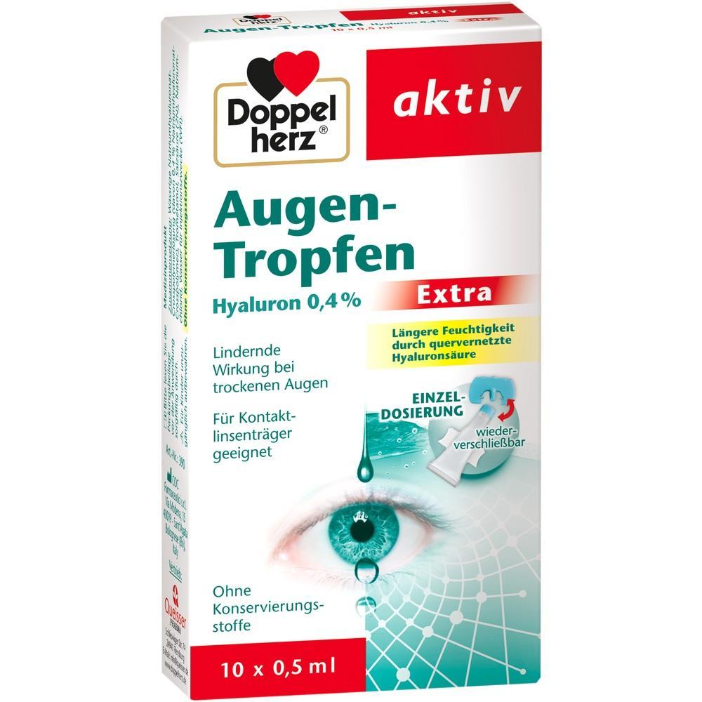 Verpackung f&uuml;r Augentropfen mit Hyaluron, lindernd bei trockenen Augen, geeignet f&uuml;r Kontaktlinsen.