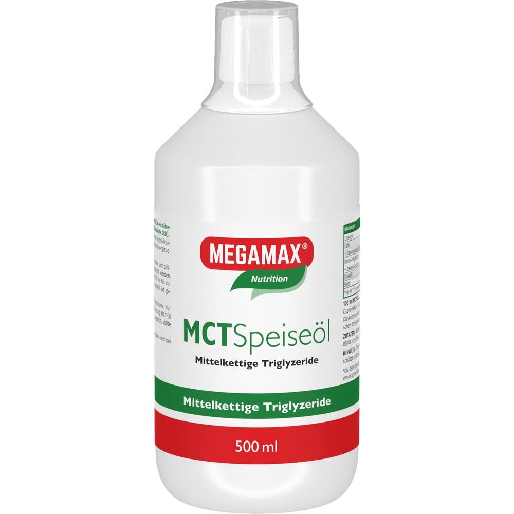 Eine weiße Flasche mit MCT-Speiseöl, 500 ml, von Megamax.
