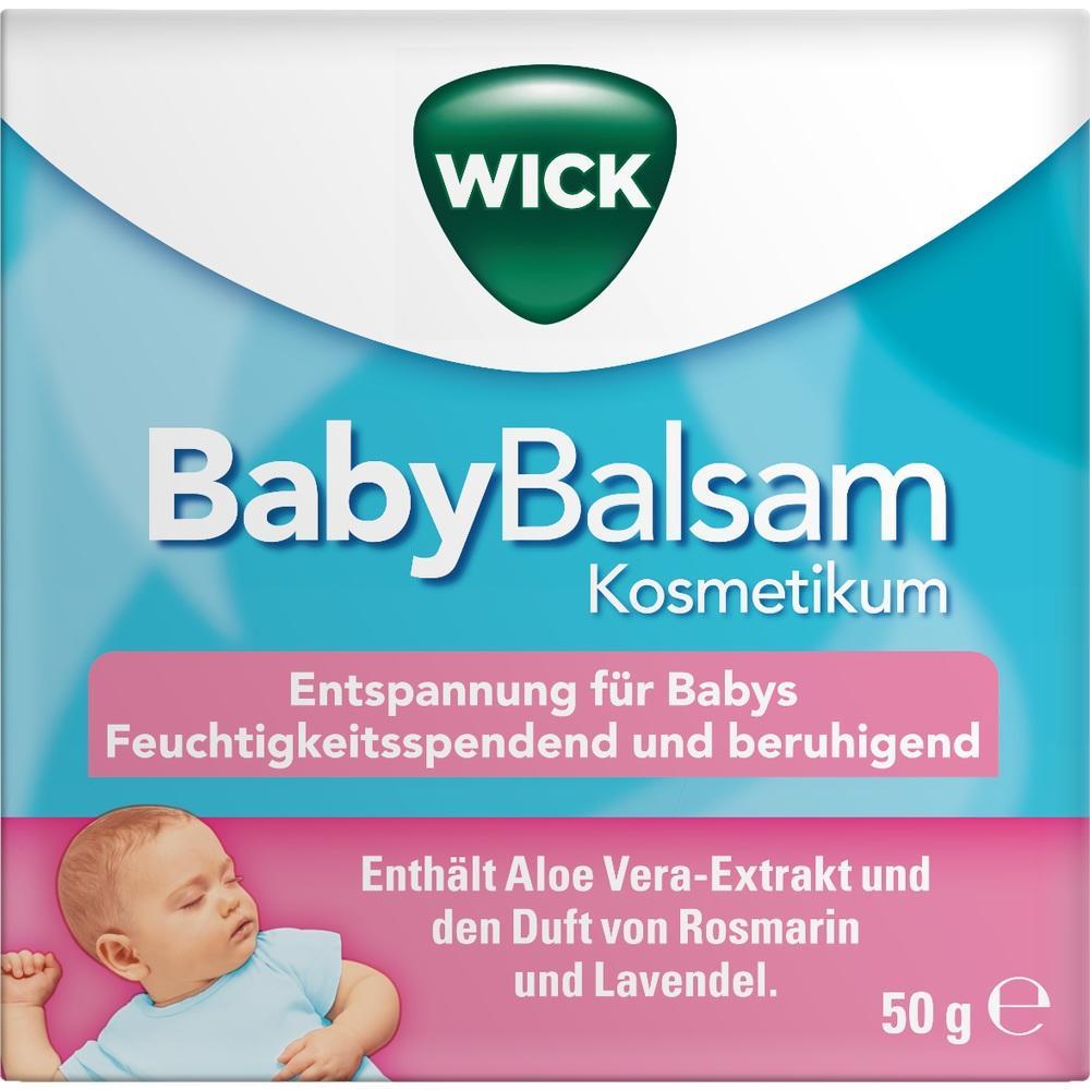 Die Verpackung zeigt Wick BabyBalsam, ein beruhigendes Kosmetikum für Babys.