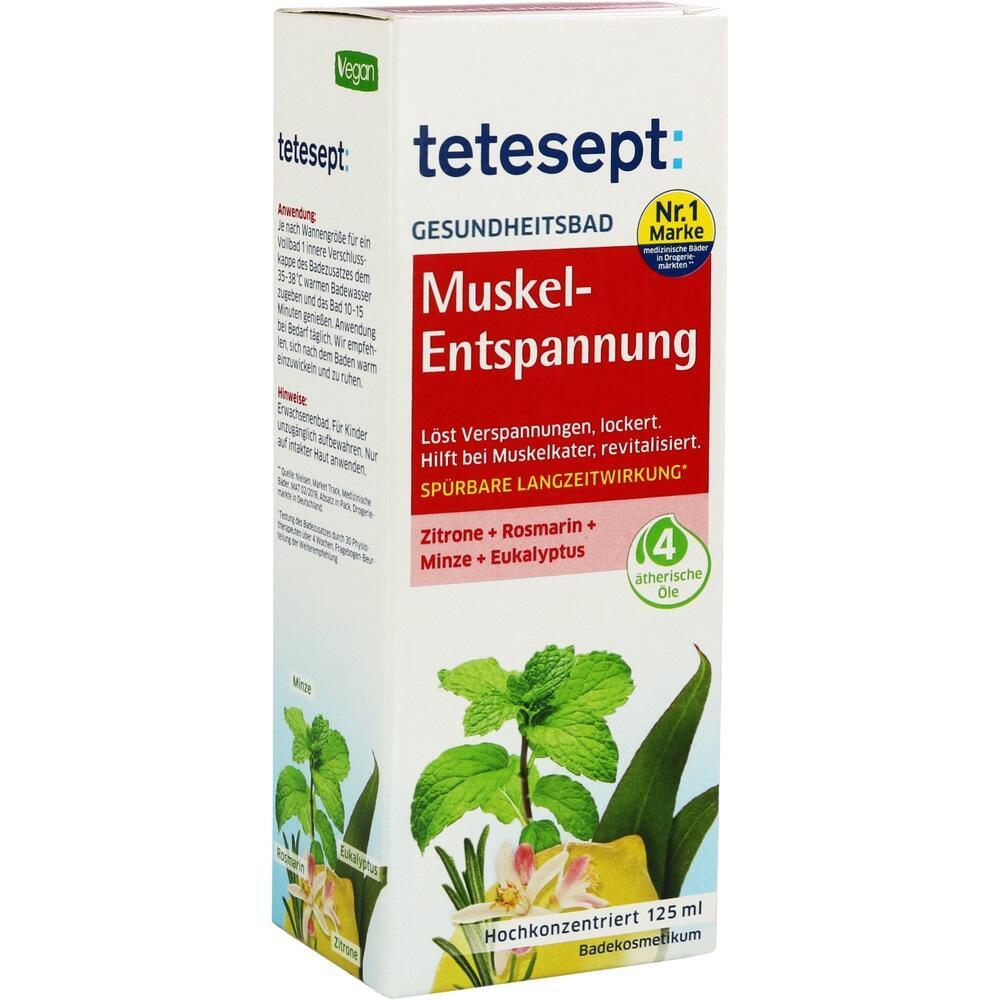 Verpackung eines Muskel-Entspannungsbads mit Zitronen-, Rosmarin-, Minz- und Eukalyptusölen.