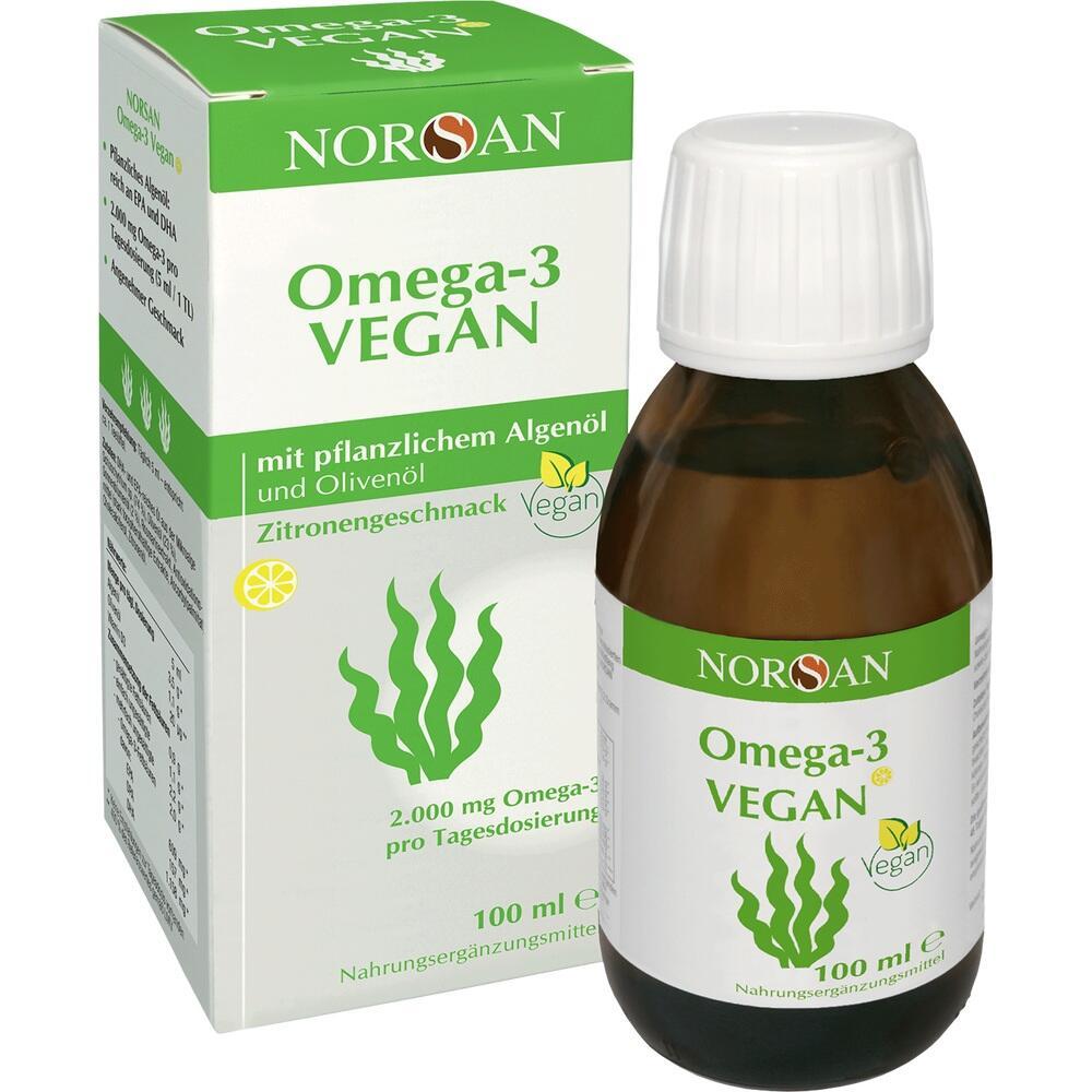 Gr&uuml;ne Verpackung und Flasche mit veganem Omega-3-&Ouml;l aus Algen mit Zitronengeschmack.