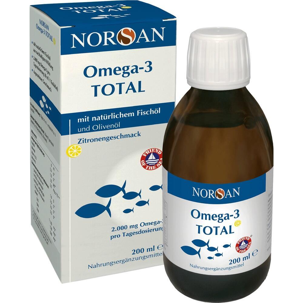 Braune Flasche und Verpackung von Norsan Omega-3 Total mit Fisch&ouml;len und Zitronengeschmack.