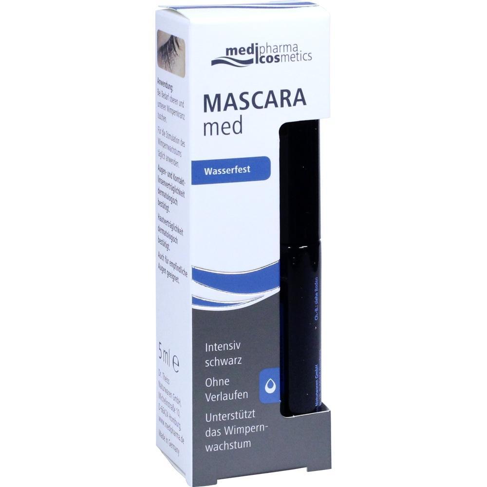 Eine wasserfeste schwarze Mascara-Verpackung mit Details zur Anwendung.