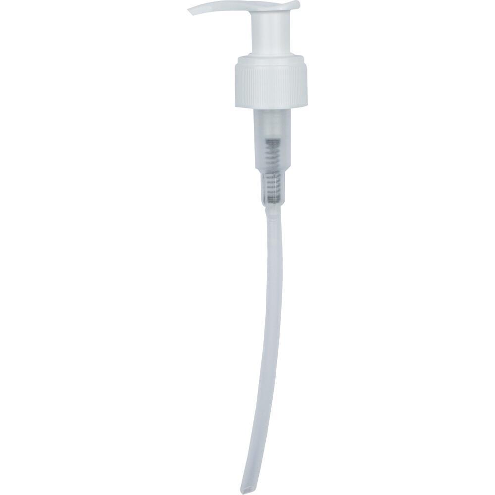 Weiße Pumpflasche mit langem Röhrchen für Flüssigkeiten.