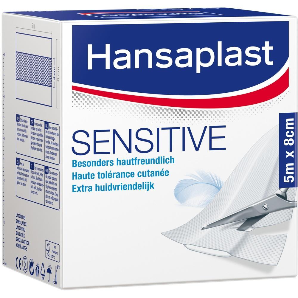 Wei&szlig;e Verpackung mit blauen und roten Details und dem Wort "Hansaplast" oben.