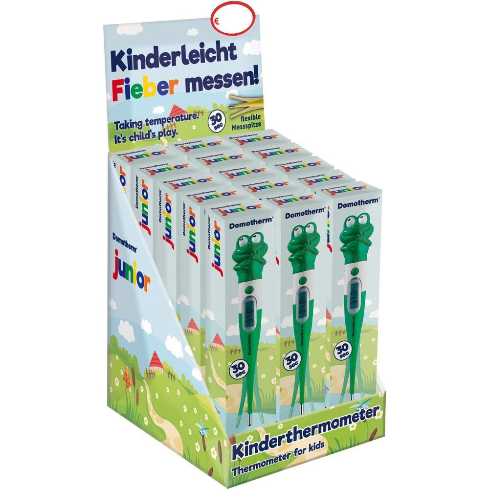 Eine Verpackung mit grünen Fieberthermometern für Kinder zeigt einen Frosch.