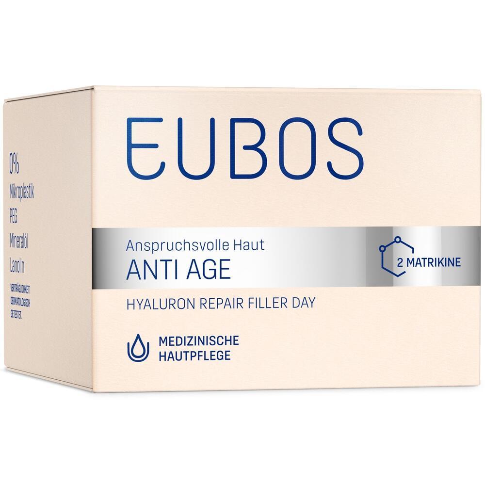 Eine cremefarbene Verpackung für Anti-Aging-Hautpflege mit blauem Text.