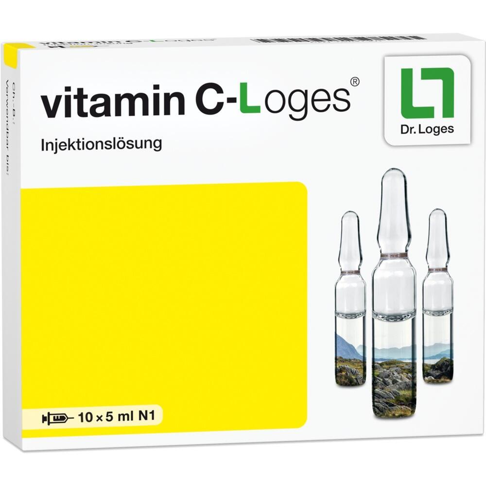 Wei&szlig;e Verpackung von Vitamin C-Injektionsl&ouml;sung mit gelbem Feld und drei Ampullen.