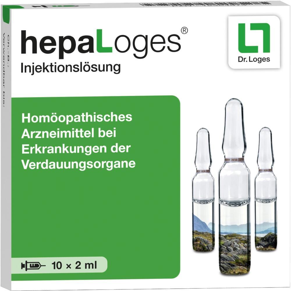 Verpackung von hepaLoges Injektionsl&ouml;sung mit drei Ampullen abgebildet.