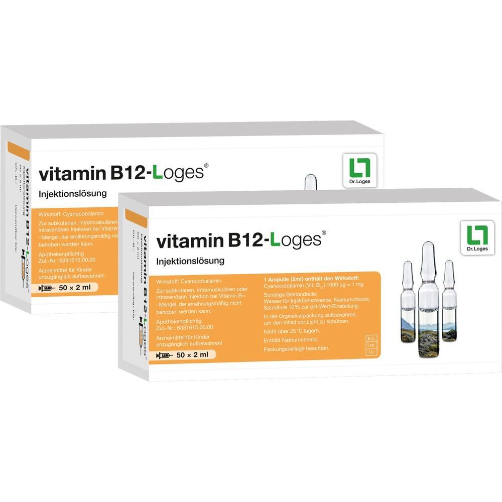 Zwei Packungen Vitamin B12-Loges Injektionsl&ouml;sung mit Ampullen.