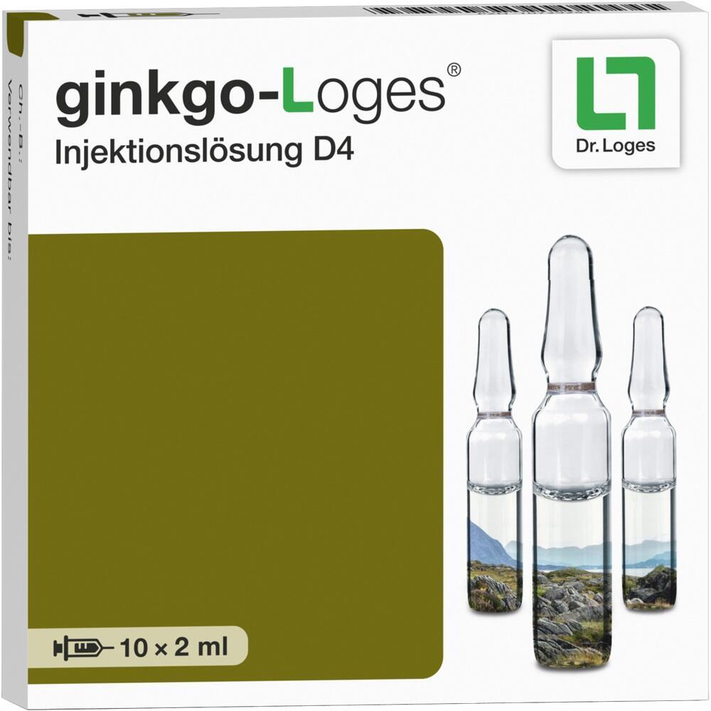 Verpackung von Ginkgo-Loges Injektionsl&ouml;sung mit drei Glasampullen vorne.