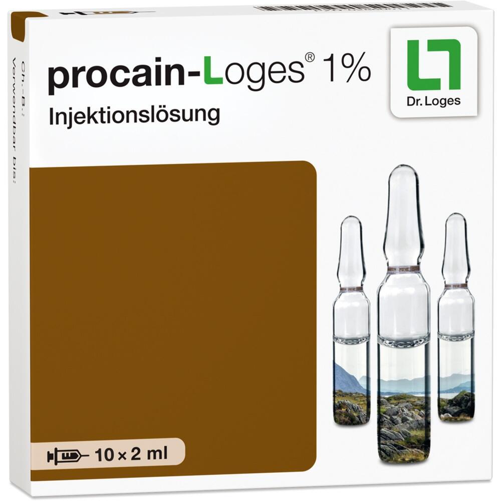 Eine Packung Procain-Loges 1% Injektionsl&ouml;sung mit 10 Ampullen &agrave; 2 ml.