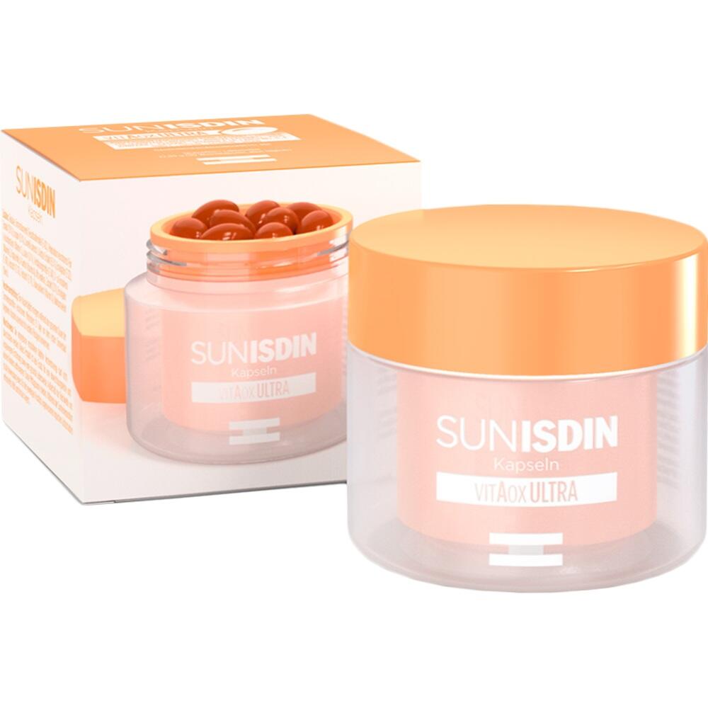 Orangener Cremetopf und Schachtel mit der Aufschrift "SunISDIN C&aacute;psulas".