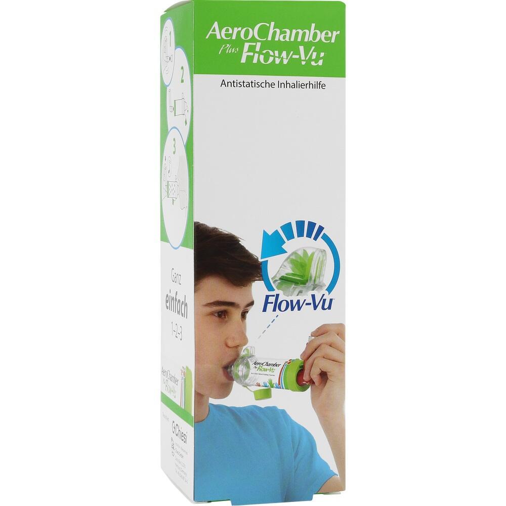 Ein junger Mann benutzt eine Inhalierhilfe namens AeroChamber Plus Flow-Vu.