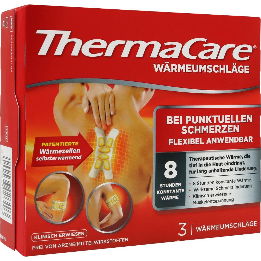 Eine rote Verpackung von ThermaCare Wärmepflastern für punktuelle Schmerzen.