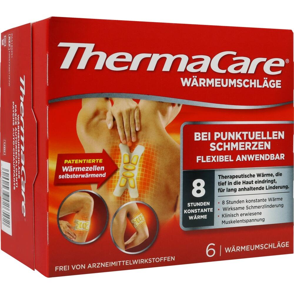 Rote ThermaCare Verpackung für selbstwärmende Schmerzauflagen bei punktuellen Beschwerden.