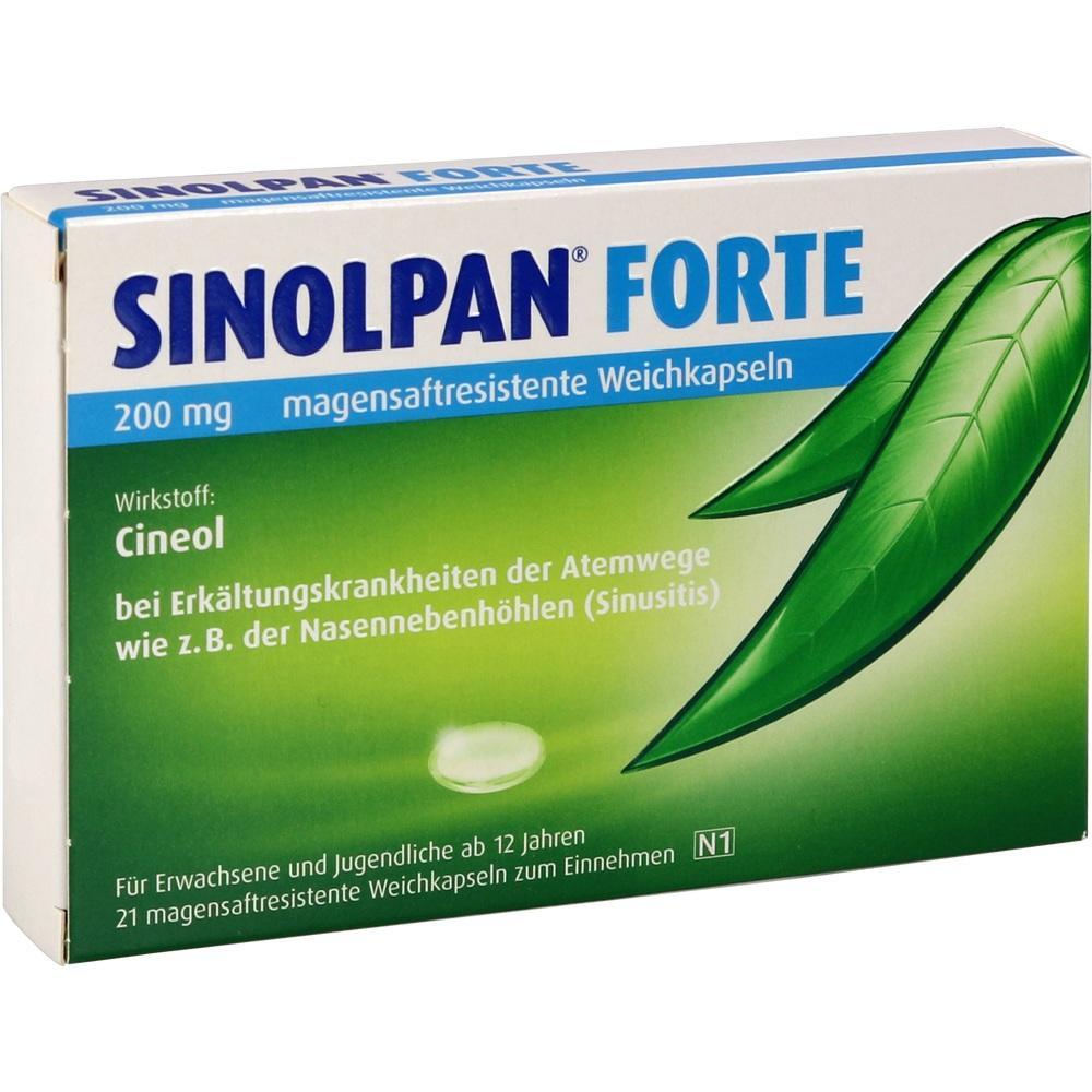 Verpackung von Sinolpan Forte Kapseln mit Informationen zum Wirkstoff Cineol.