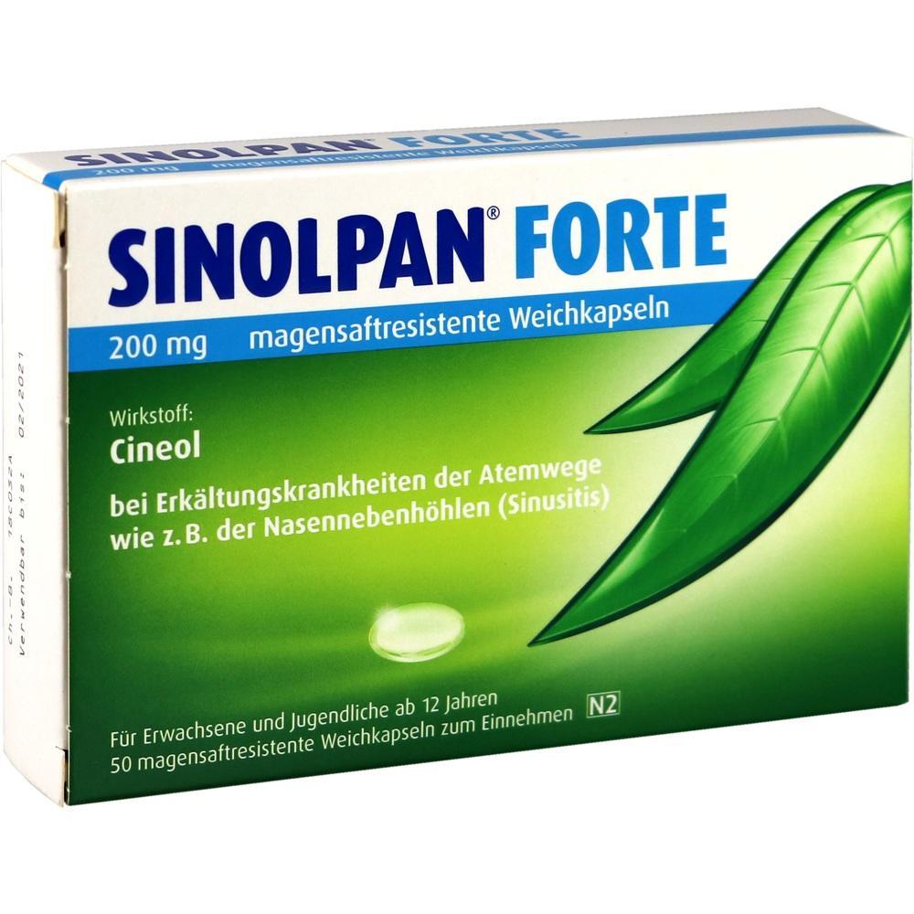 Grüne Verpackung von Sinolpan Forte Kapseln gegen Atemwegserkrankungen.