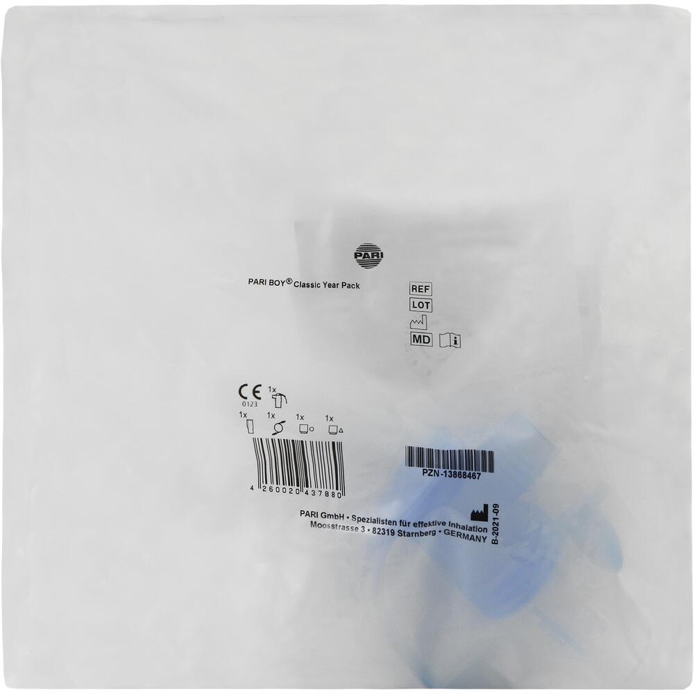 Eine wei&szlig;e Verpackung mit Text und einem blauen Gegenstand innen.