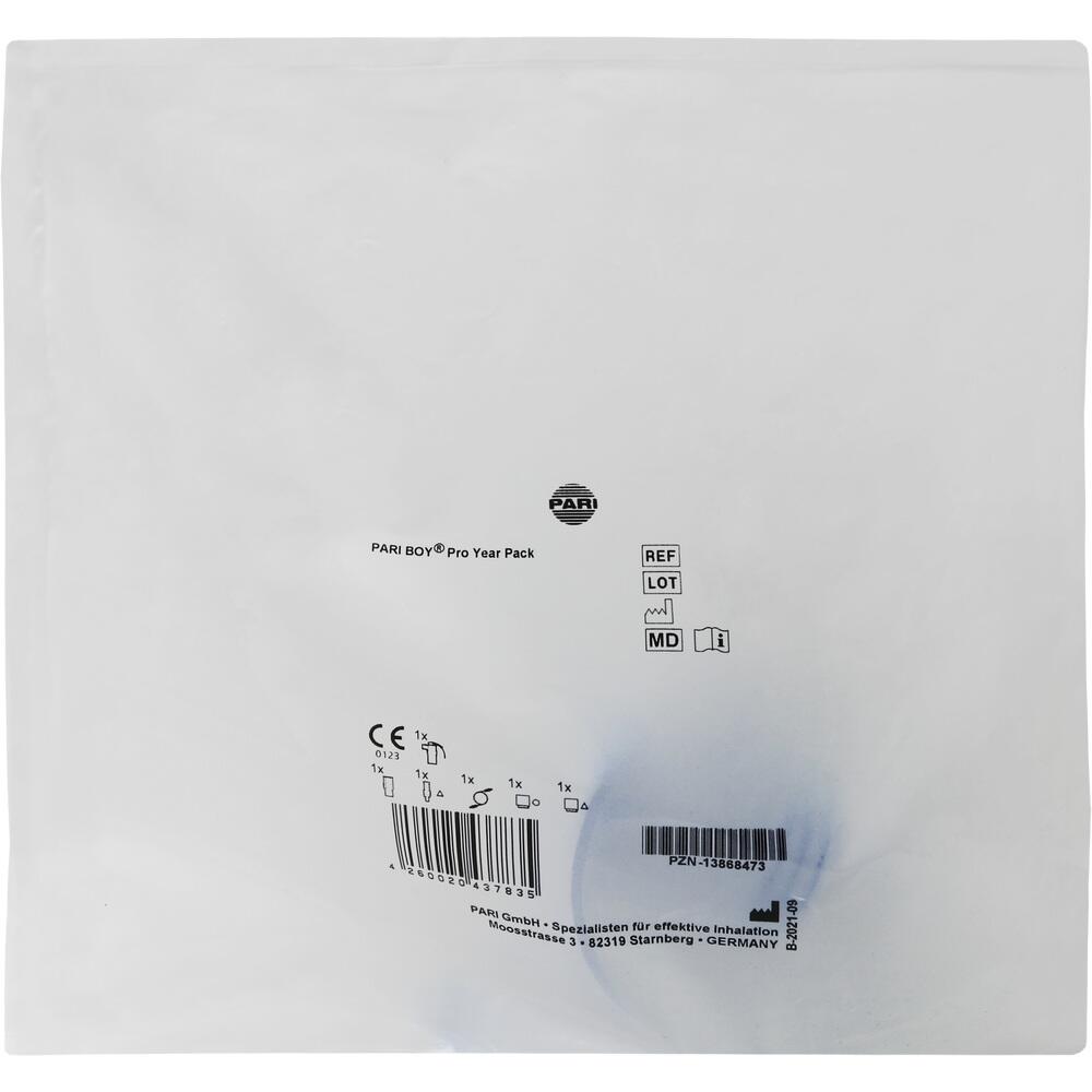 Wei&szlig;e Verpackung von PARI BOY Pro Year Pack mit Aufdrucken und Barcode.