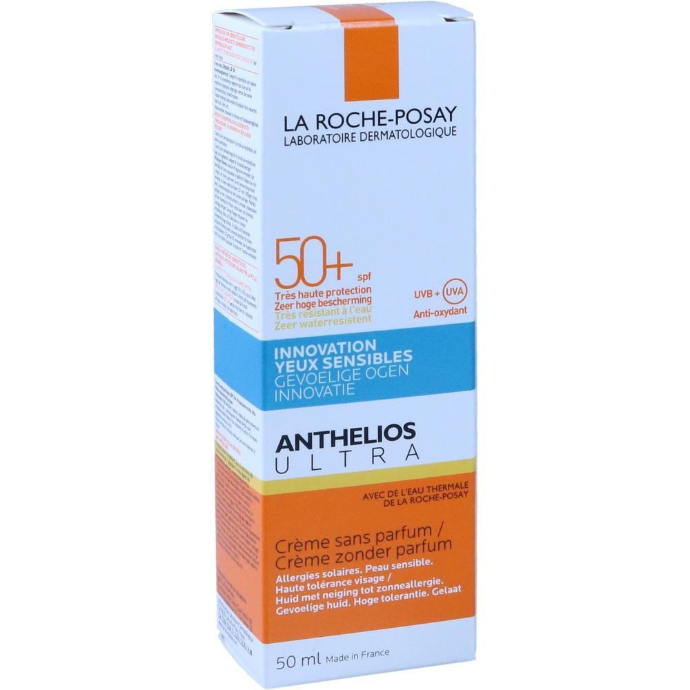 Wei&szlig;e Sonnencreme-Verpackung mit dem Aufdruck "LA ROCHE-POSAY Anthelios Ultra 50+ SPF".