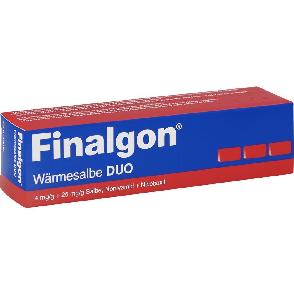 Eine rote und blaue Verpackung der W&auml;rmesalbe Finalgon DUO.