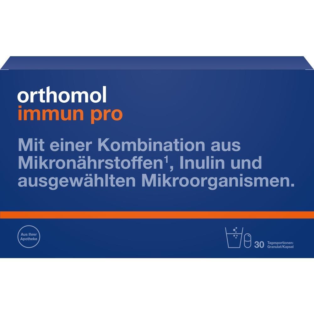 Blaues Paket von Orthomol Immun Pro mit Mikron&auml;hrstoffen und Inulin.