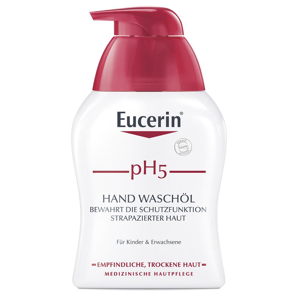 Wei&szlig;e Flasche mit rotem Spender von Eucerin pH5 Handwasch&ouml;l.
