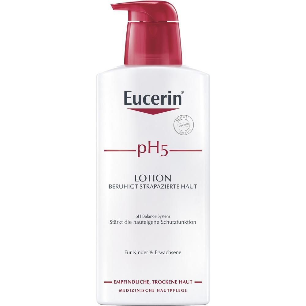 Eine weiße Flasche Eucerin pH5 Lotion mit rotem Pumpspender.