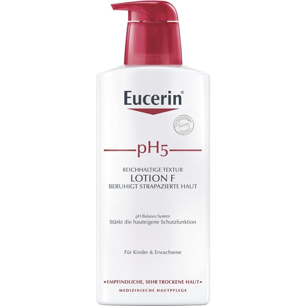 Wei&szlig;e Flasche mit rotem Spender, Produkt zur Pflege empfindlicher Haut von Eucerin.