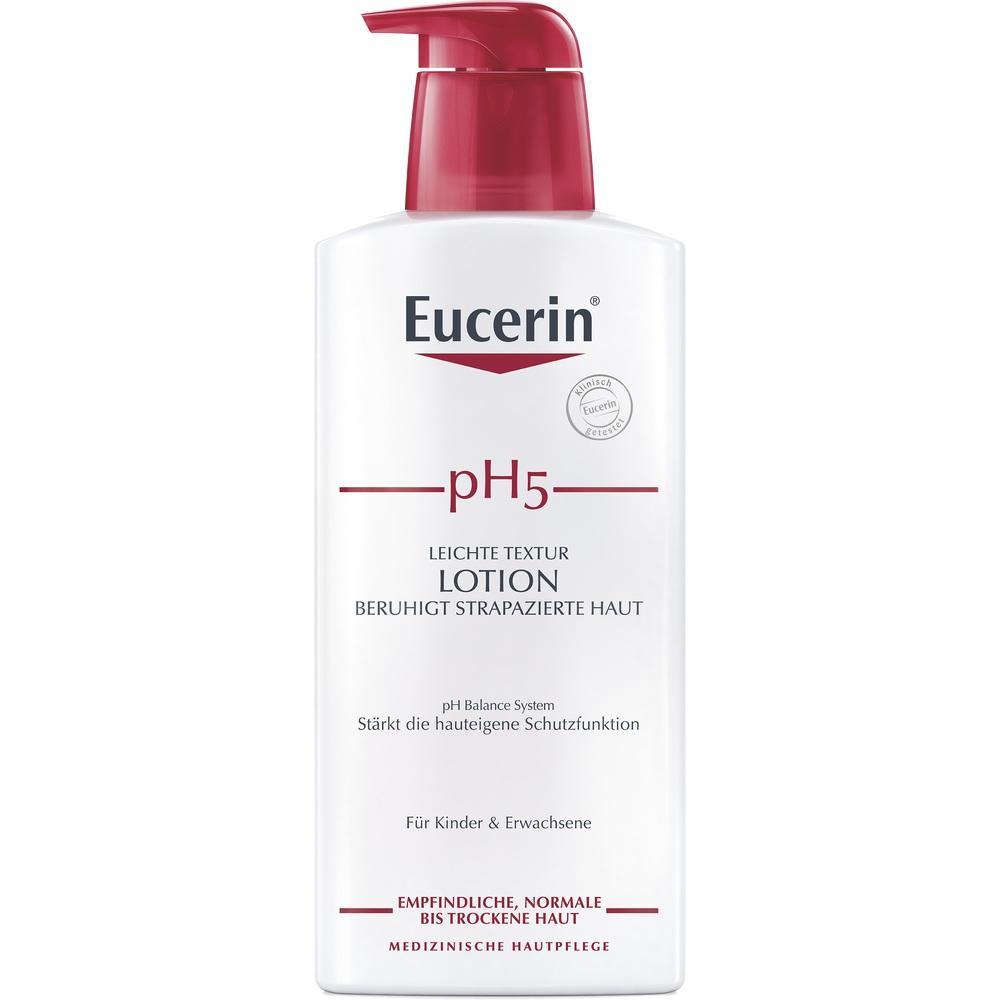Eine weiße Lotionflasche von Eucerin mit rotem Spender und der Aufschrift pH5.