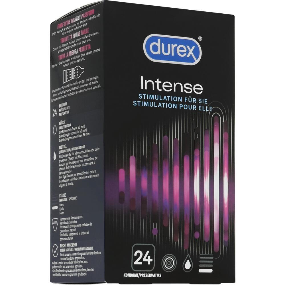 Eine schwarze Durex-Verpackung mit der Aufschrift "Intense" und pinken Linien.