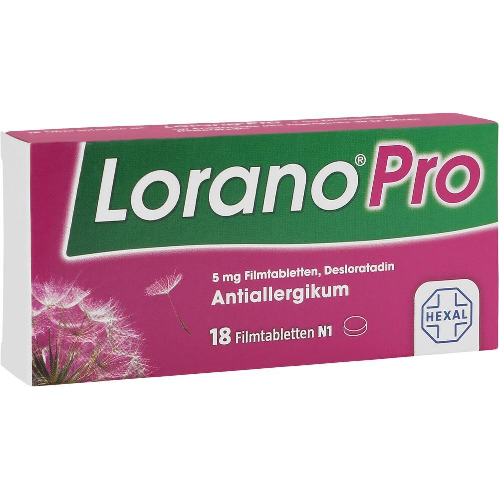Schachtel mit Allergietabletten von Lorano Pro und 18 Filmtabletten.