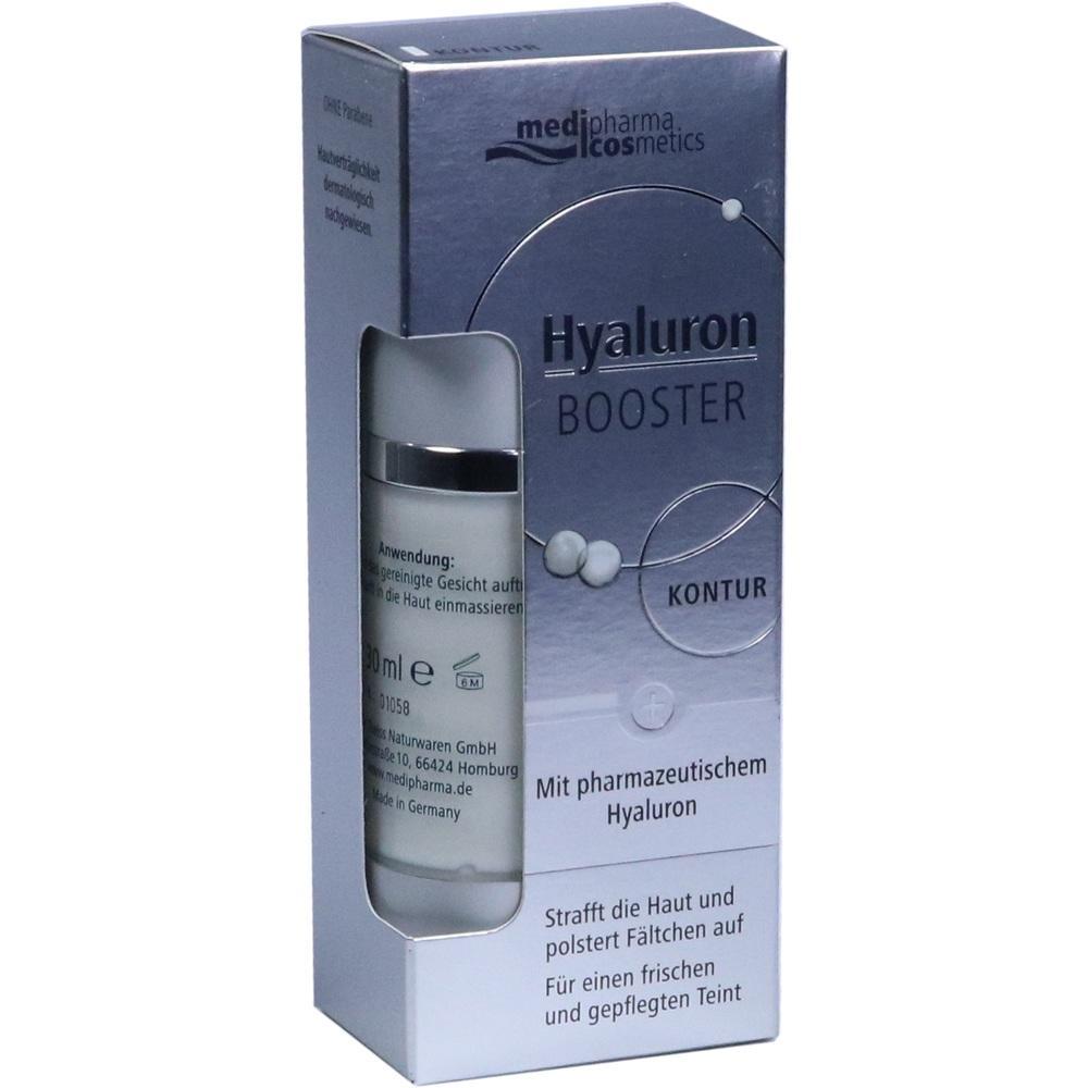Eine silberne Box mit einer Flasche Hyaluron Booster f&uuml;r Gesichtspflege.