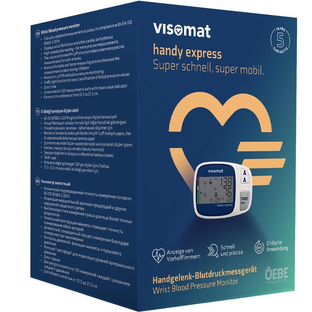 Eine blaue Verpackung mit einem Handgelenk-Blutdruckmessgerät und einem Herzsymbol.