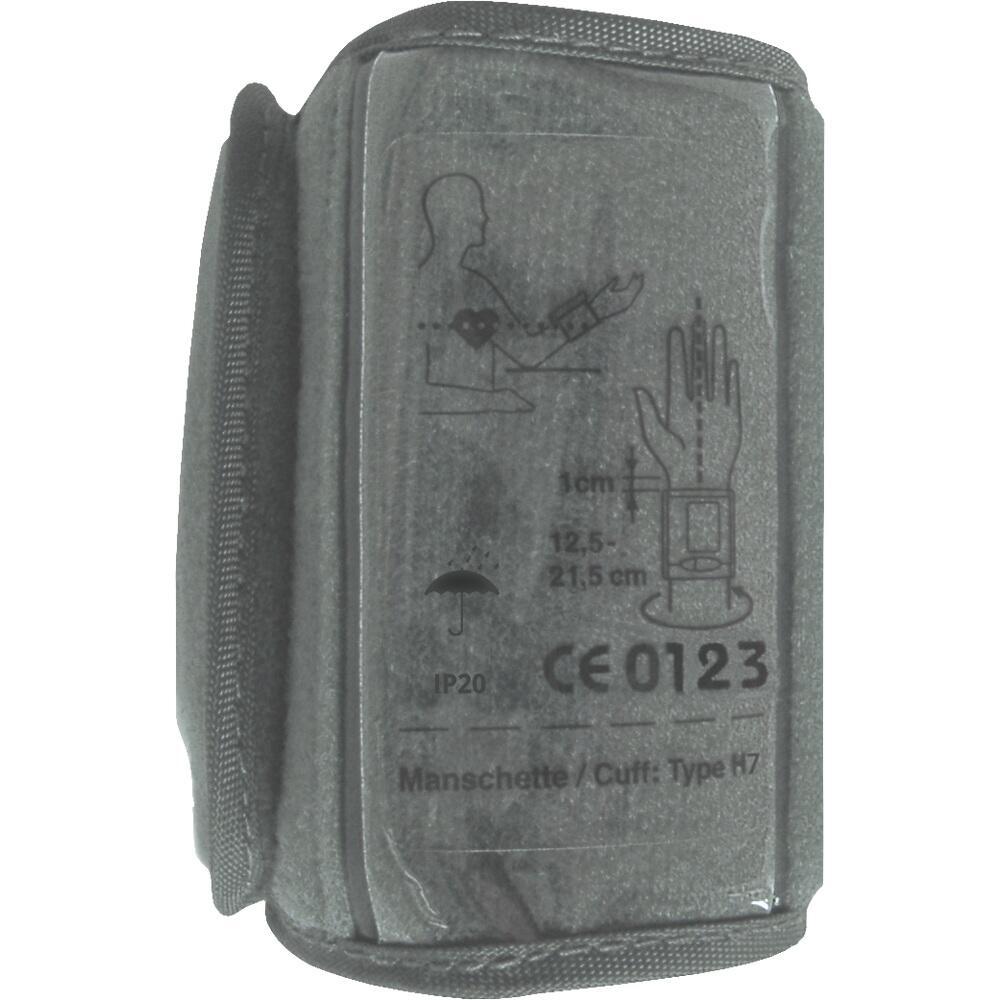 Grau-transparente Manschette mit Anleitung zum Messen am Handgelenk und technischen Angaben.
