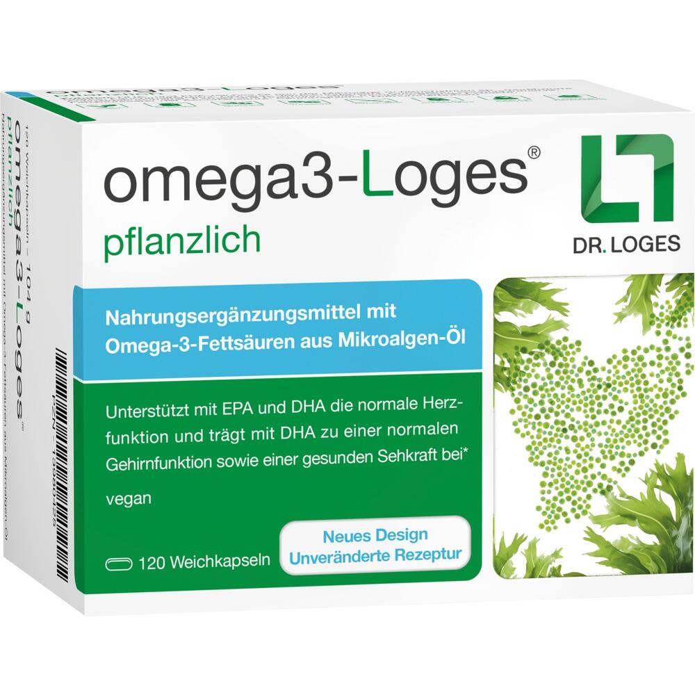 Eine Packung Omega-3-Loges Nahrungserg&auml;nzungsmittel mit 120 Kapseln.