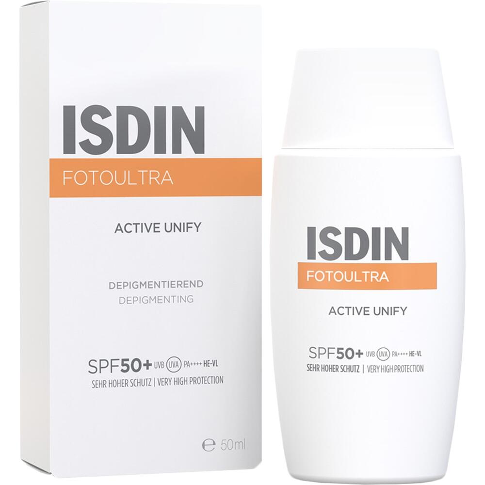 Eine Verpackung von ISDIN FotoUltra Active Unify Creme mit LSF 50+.