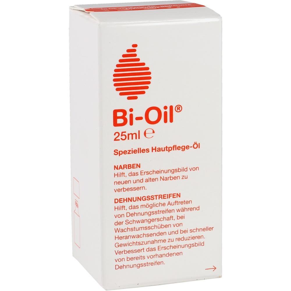 Eine wei&szlig;e Packung Bi-Oil Hautpflege-&Ouml;l mit roter Schrift und 25ml Inhalt.