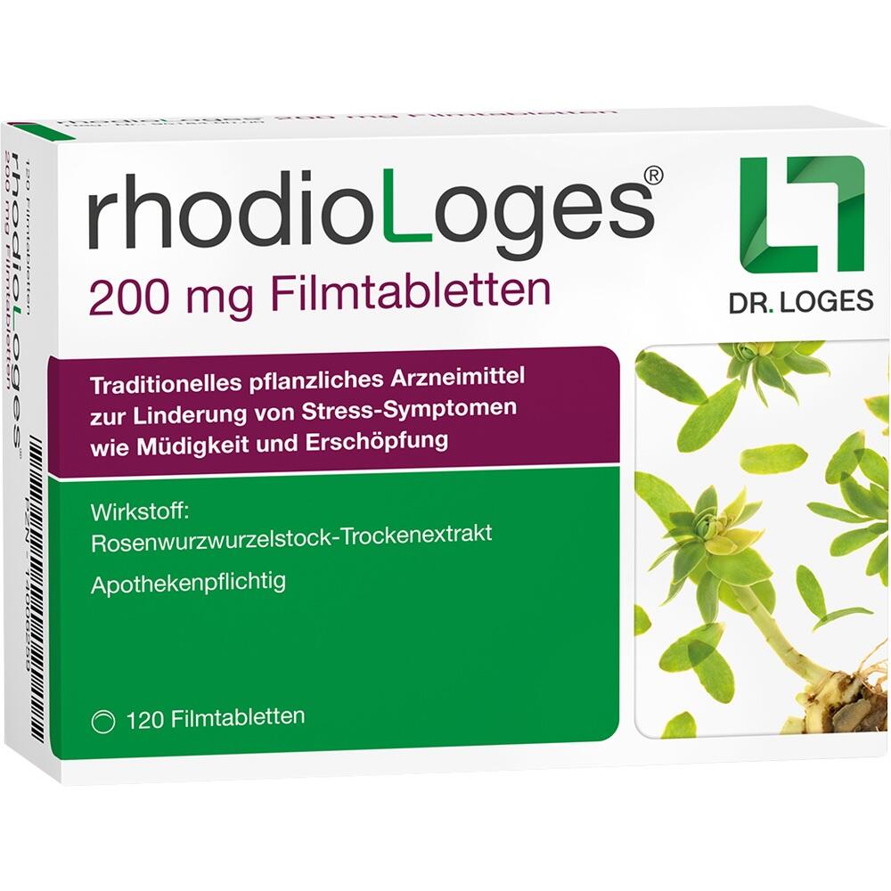 Verpackung von "rhodiologes" Tabletten zur Stresslinderung mit Pflanzenbild.