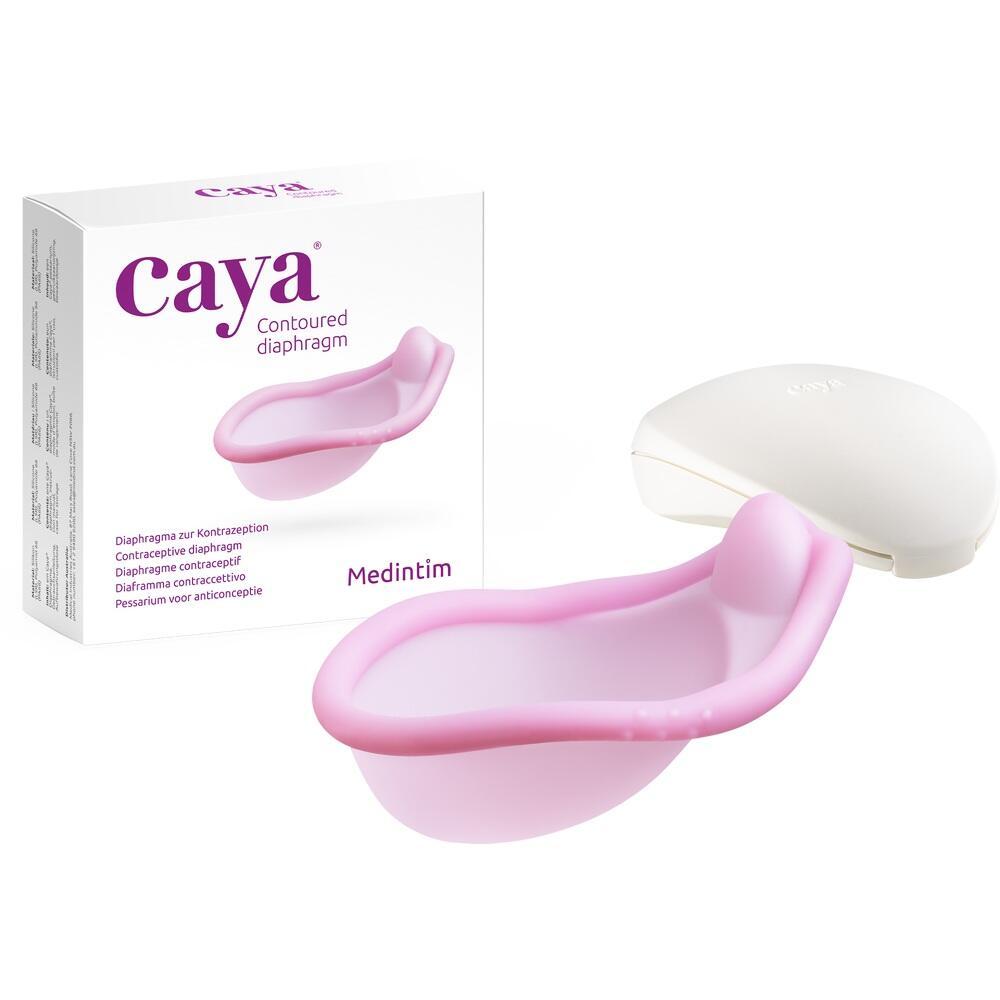 Eine rosa Verh&uuml;tungsdiaphragma mit Verpackung und Etui.