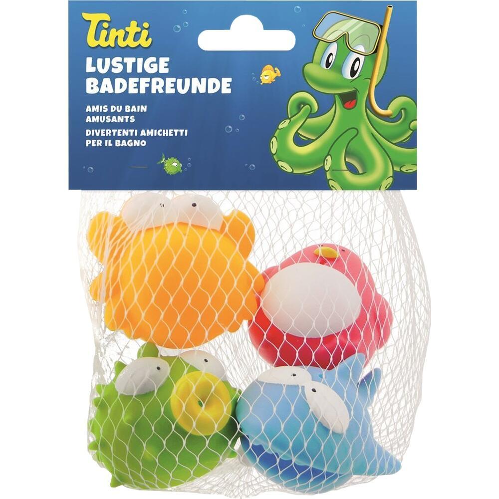 Vier bunte Badefiguren in einem Netz mit einer lustigen Oktopus-Verpackung.