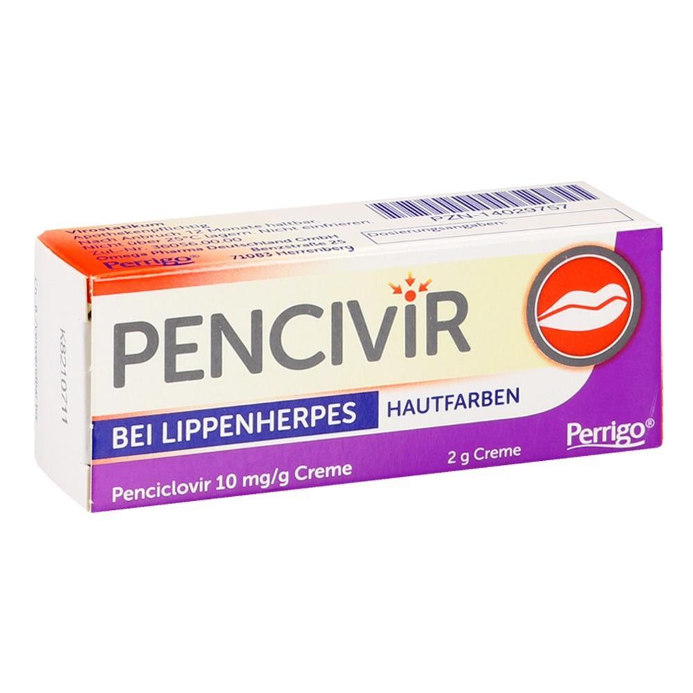 Pencivir Creme gegen Lippenherpes in einer lila und weißen Verpackung.