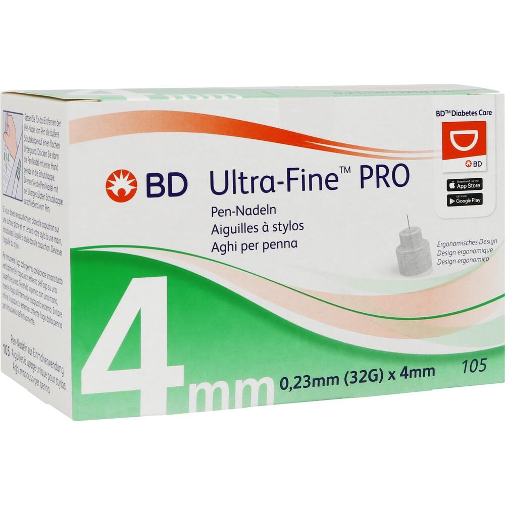 Eine Packung mit BD Ultra-Fine PRO Pen-Nadeln, 4 mm groß.