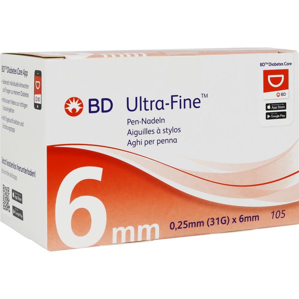 Eine Box mit BD Ultra-Fine Pen-Nadeln, 6 mm groß.