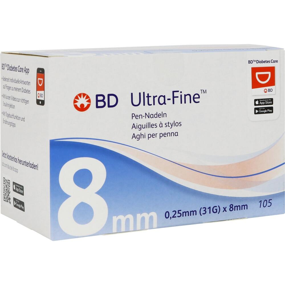 Weiße Packung mit der Aufschrift „BD Ultra-Fine Pen-Nadeln, 8mm“.