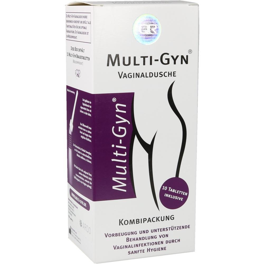 Weiße Schachtel mit der Aufschrift "Multi-Gyn Vaginaldusche".